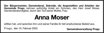 Traueranzeige von Anna Moser von Dolomiten