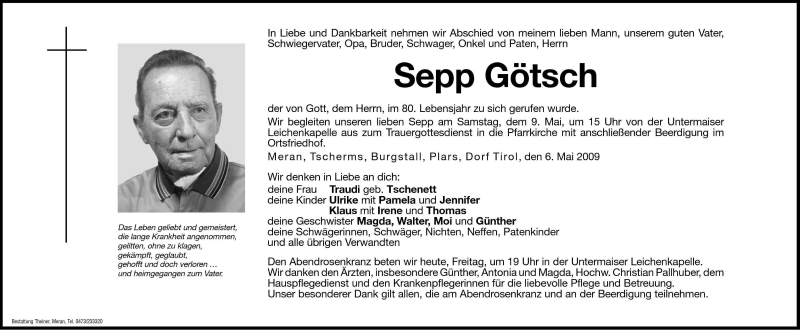  Traueranzeige für Sepp Götsch vom 08.05.2009 aus Dolomiten
