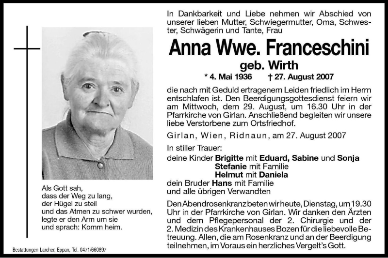  Traueranzeige für Anna Franceschini vom 28.08.2007 aus Dolomiten