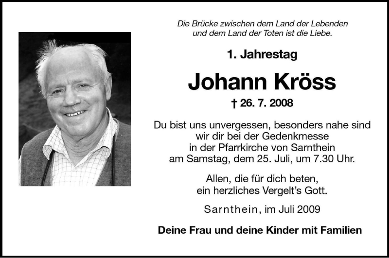  Traueranzeige für Johann Kröss vom 24.07.2009 aus Dolomiten