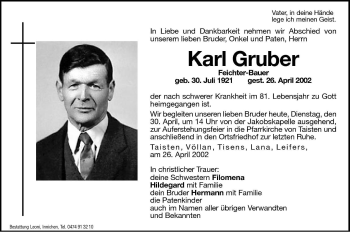 Traueranzeige von Karl Gruber von Dolomiten