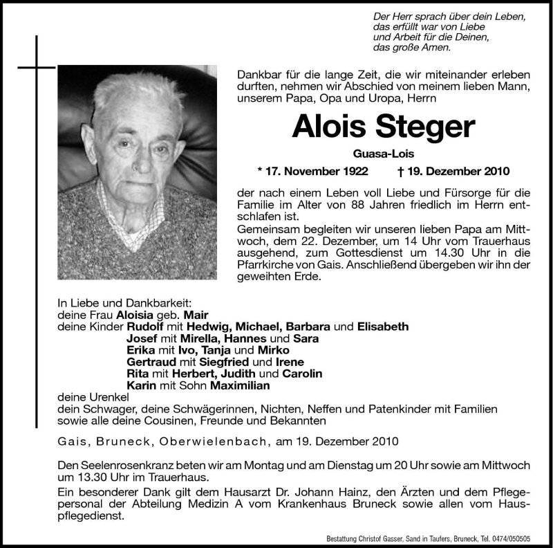  Traueranzeige für Alois Steger vom 20.12.2010 aus Dolomiten
