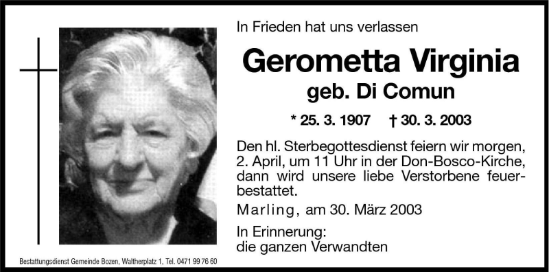  Traueranzeige für Gerometta Virginia vom 01.04.2003 aus Dolomiten