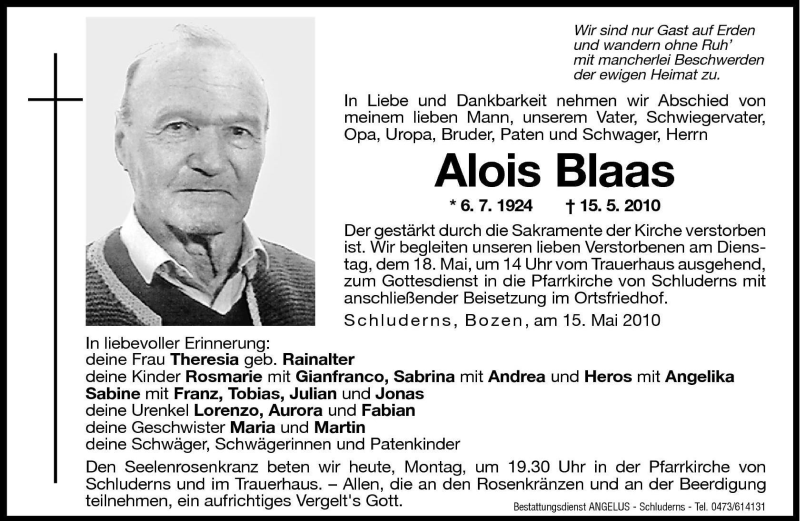  Traueranzeige für Alois Blaas vom 17.05.2010 aus Dolomiten