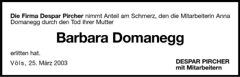 Traueranzeige von Barbara Domanegg von Dolomiten