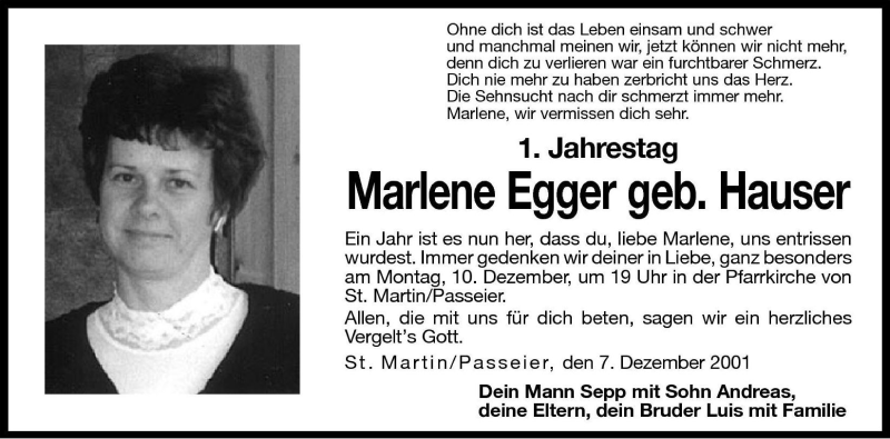  Traueranzeige für Marlene Egger vom 07.12.2001 aus Dolomiten