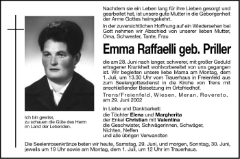 Traueranzeige von Emma Raffaelli von Dolomiten