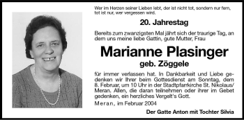 Traueranzeige von Marianne Plasinger von Dolomiten