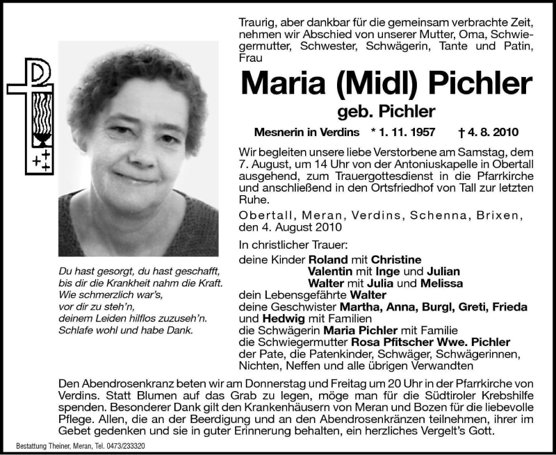  Traueranzeige für Maria (Midl) Pichler vom 06.08.2010 aus Dolomiten