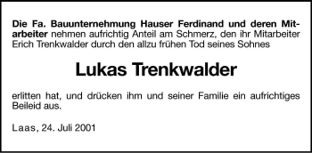 Traueranzeige von Lukas Trenkwalder von Dolomiten