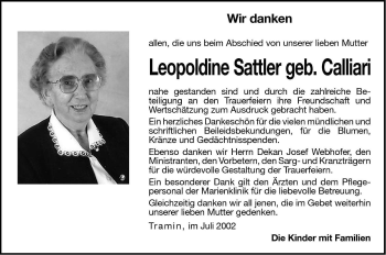 Traueranzeige von Leopoldine Sattler von Dolomiten