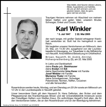 Traueranzeigen von Karl Winkler | Trauer.bz