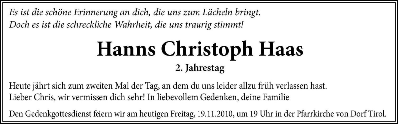  Traueranzeige für Hanns Christoph Haas vom 19.11.2010 aus Dolomiten