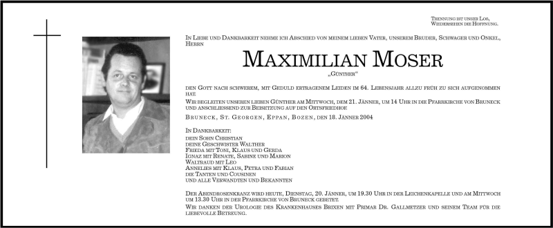  Traueranzeige für Maximilian Moser vom 20.01.2004 aus Dolomiten