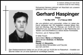 Traueranzeige von Gerhard Haspinger von Dolomiten