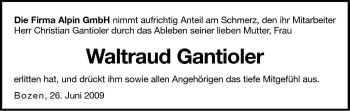 Traueranzeige von Waltraud Gantioler von Dolomiten