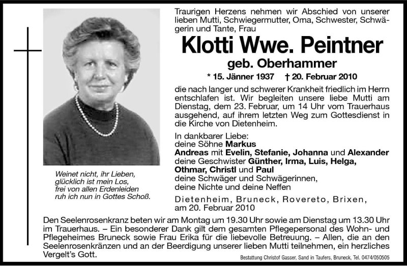  Traueranzeige für Klotti Peintner vom 22.02.2010 aus Dolomiten