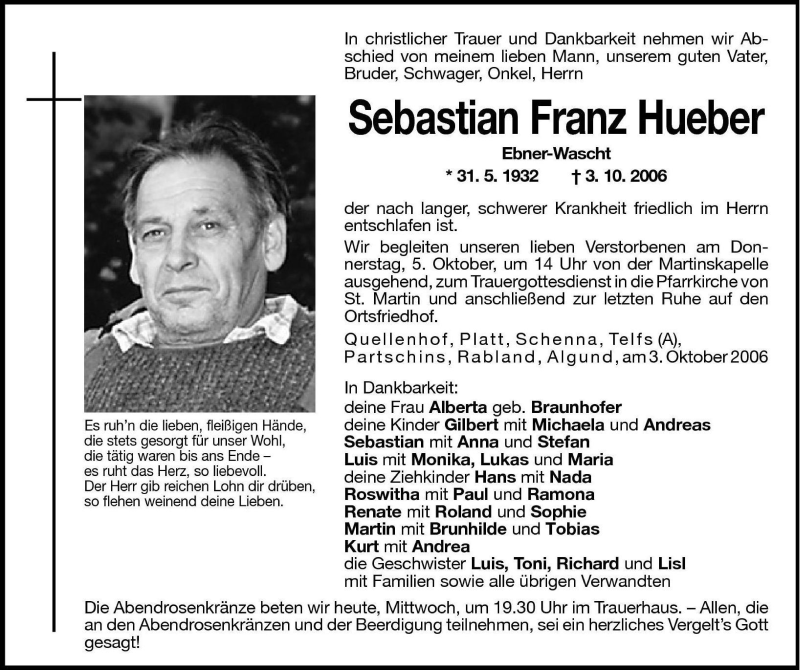  Traueranzeige für Sebastian Franz Hueber vom 04.10.2006 aus Dolomiten