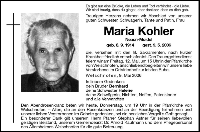  Traueranzeige für Maria Kohler vom 11.05.2006 aus Dolomiten
