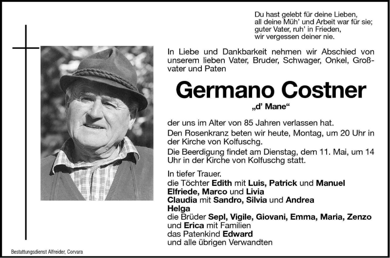  Traueranzeige für Germano Costner vom 10.05.2004 aus Dolomiten