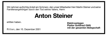 Traueranzeige von Anton Steiner von Dolomiten