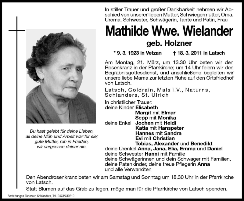  Traueranzeige für Mathilde Wielander vom 19.03.2011 aus Dolomiten