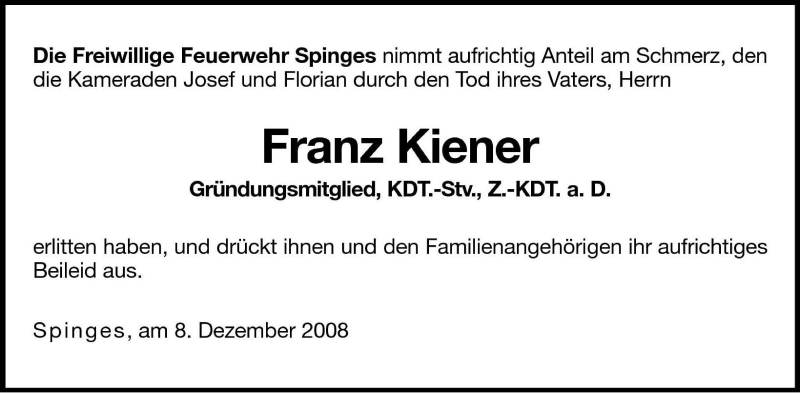  Traueranzeige für Franz Kiener vom 09.12.2008 aus Dolomiten