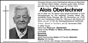 Traueranzeige von Alois Oberlechner von Dolomiten