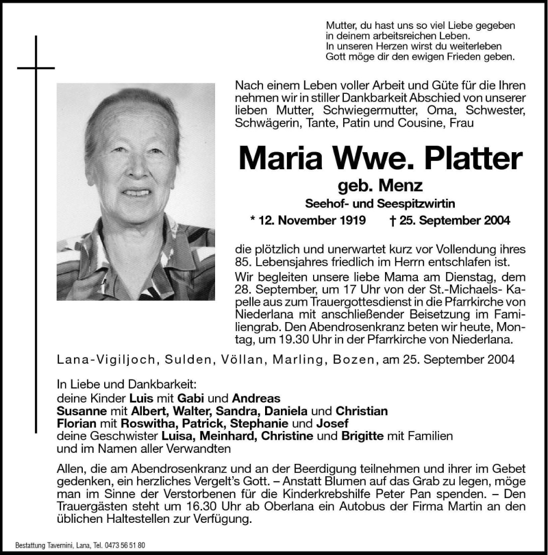  Traueranzeige für Maria Platter vom 27.09.2004 aus Dolomiten