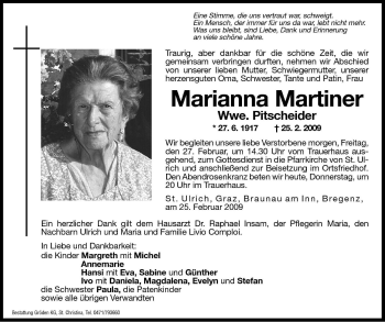 Traueranzeige von Marianna Pitscheider von Dolomiten