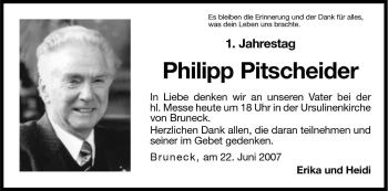 Traueranzeige von Philipp Pitscheider von Dolomiten