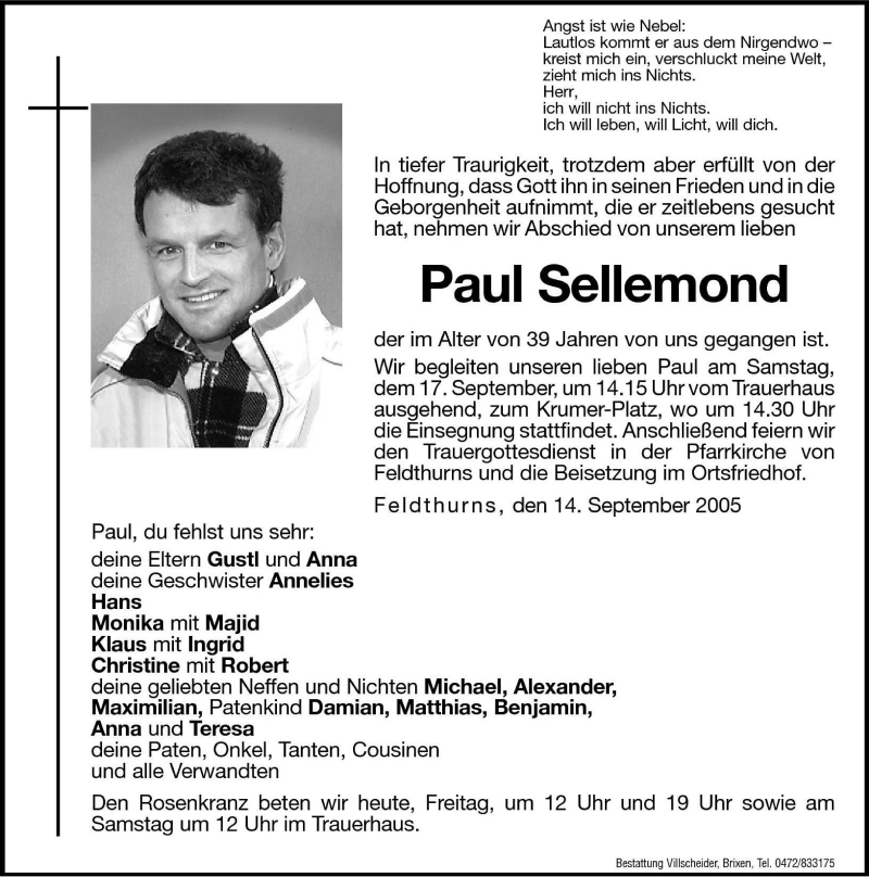  Traueranzeige für Paul Sellemond vom 16.09.2005 aus Dolomiten