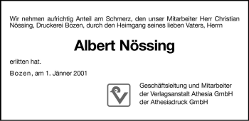 Traueranzeige von Albert Nössing von Dolomiten