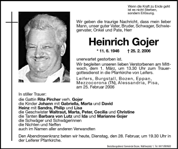 Traueranzeige von Heinrich Gojer von Dolomiten