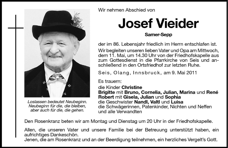  Traueranzeige für Josef Vieider vom 09.05.2011 aus Dolomiten