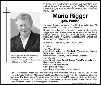 Traueranzeige von Maria Rigger von Dolomiten