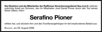 Traueranzeige von Serafino Pioner von Dolomiten