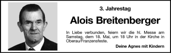 Traueranzeige von Alois Breitenberger von Dolomiten
