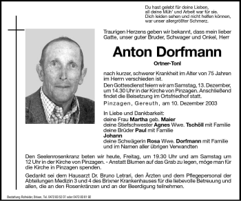 Traueranzeige von Anton Dorfmann von Dolomiten