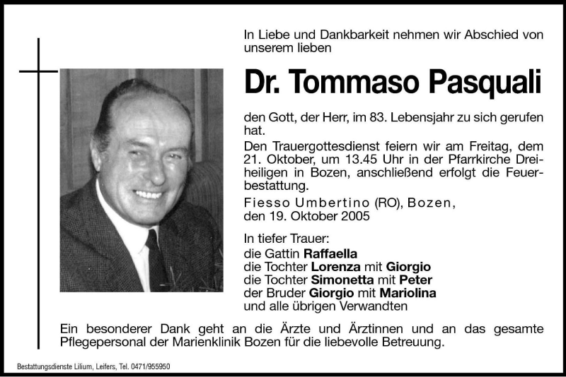  Traueranzeige für Tommaso Pasquali vom 20.10.2005 aus Dolomiten