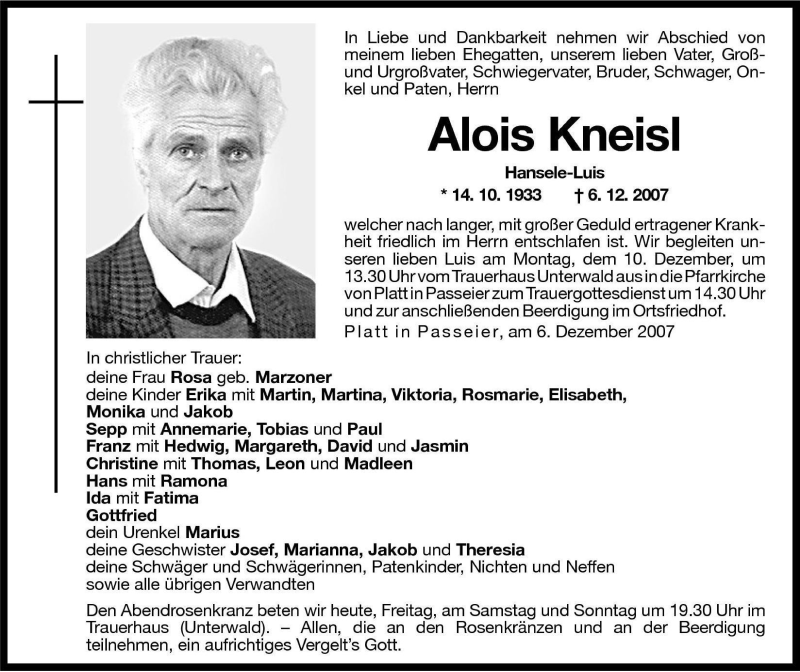  Traueranzeige für Alois Kneisl vom 07.12.2007 aus Dolomiten