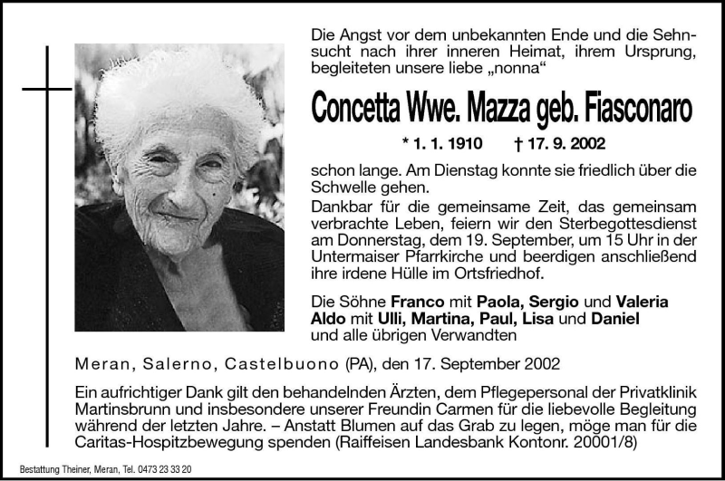  Traueranzeige für Concetta Mazza vom 18.09.2002 aus Dolomiten