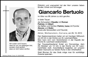 Traueranzeige von Giancarlo Bertuolo von Dolomiten