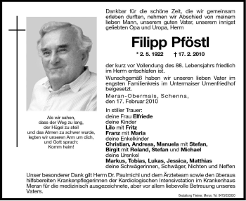 Traueranzeige von Filipp Pföstl von Dolomiten