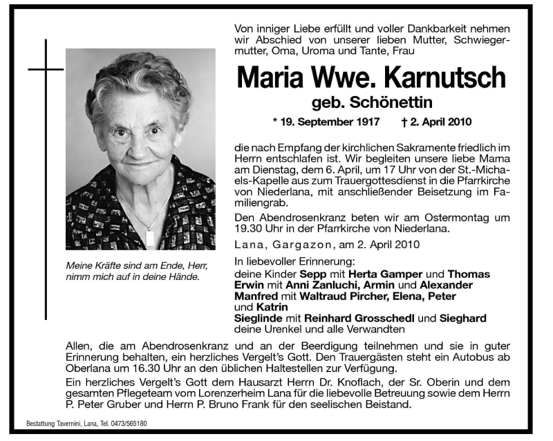  Traueranzeige für Maria Karnutsch vom 03.04.2010 aus Dolomiten