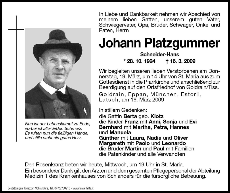  Traueranzeige für Johann Platzgummer vom 18.03.2009 aus Dolomiten