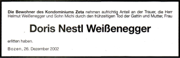 Traueranzeige von Doris Nestl Weißenegger von Dolomiten