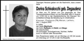 Traueranzeige von Dorina Schivalocchi von Dolomiten
