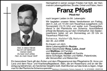 Traueranzeige von Franz Pföstl von Dolomiten