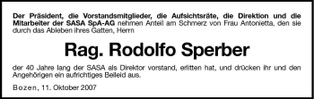 Traueranzeige von Rodolfo Sperber von Dolomiten